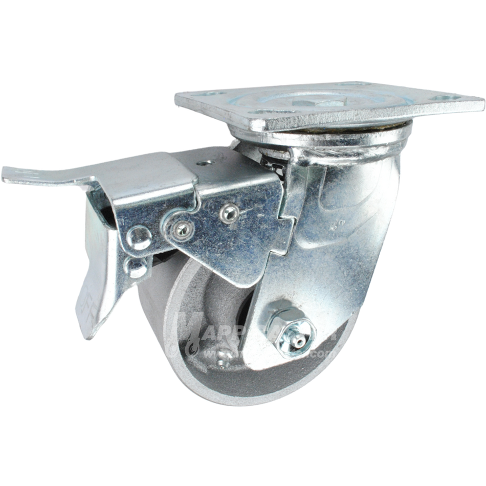 4" x 2" Cast Iron Wheel Swivel Caster with Total Locking Brake - 900 Lbs Capacity