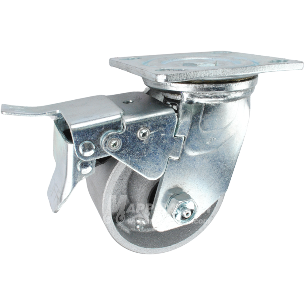 4" x 2" Cast Iron Wheel Swivel Caster with Total Locking Brake - 900 Lbs Capacity