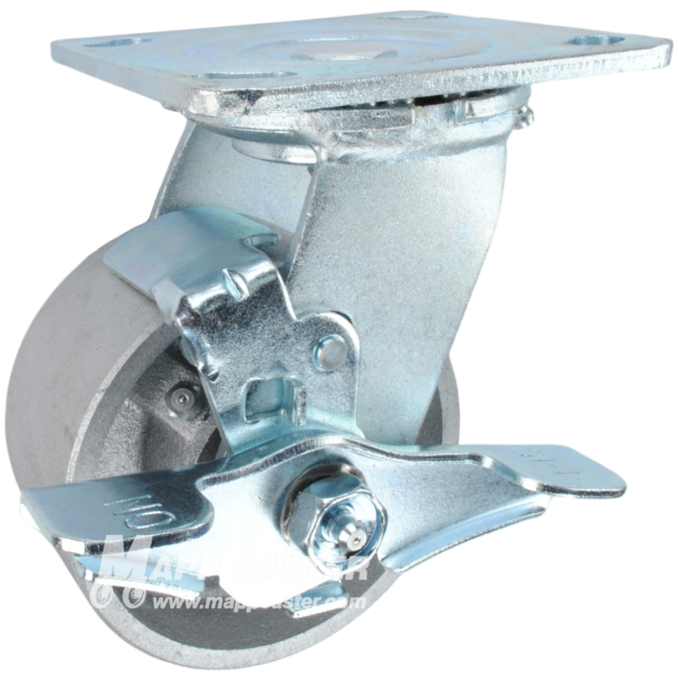 4" x 2" Cast Iron Wheel Swivel Brake Caster - 900 Lbs Capacity