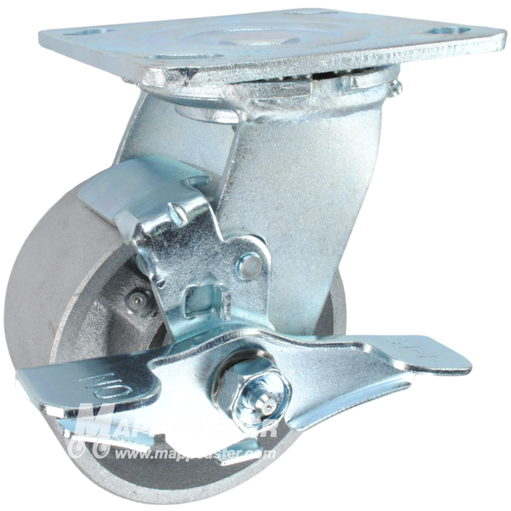 4" x 2" Cast Iron Wheel Swivel Brake Caster - 900 Lbs Capacity
