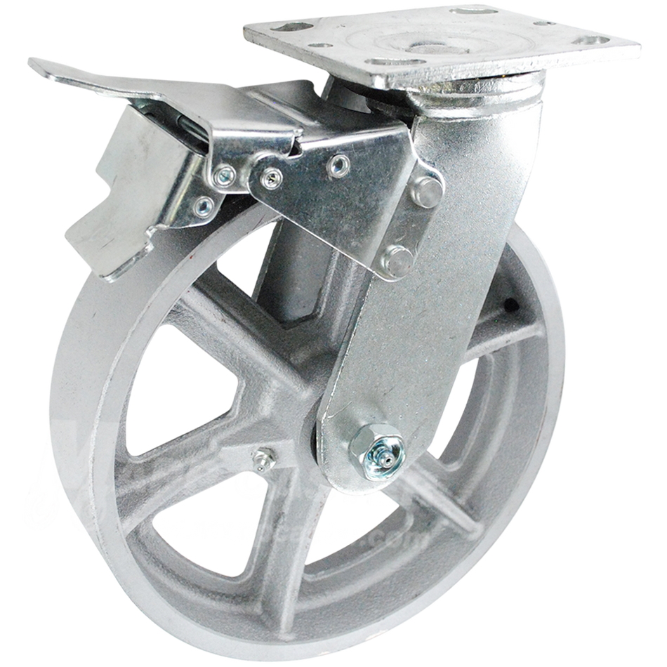 8" x 2" Cast Iron Wheel Swivel Caster with Total Locking Brake - 1,250 Lbs Capacity