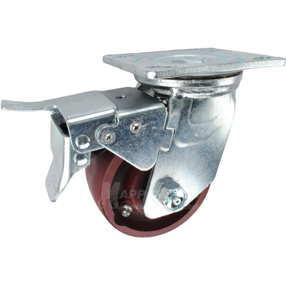 4" x 2" Ductile Steel Wheel Swivel Caster Total Locking Brake, 4" x 4-1/2" Top Plate - 1250 Lbs Capacity