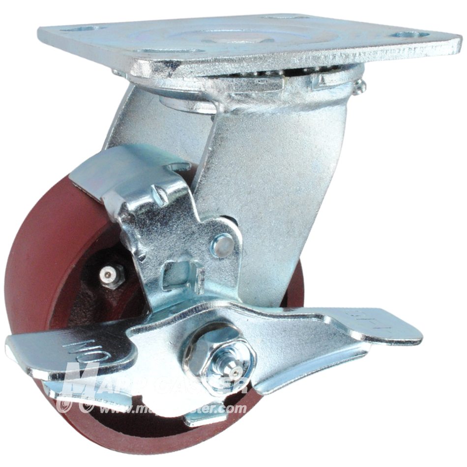 4" x 2" Ductile Steel Wheel Swivel Brake Caster, 4" x 4-1/2" Top Plate - 1250 Lbs Capacity