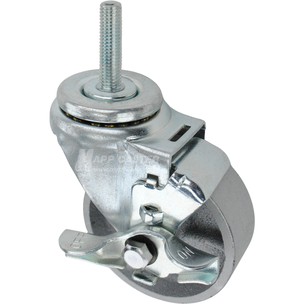 Swivel caster with a top lock brake, a 3.5 inch silver steel wheel and 12mm wide threaded metal stem