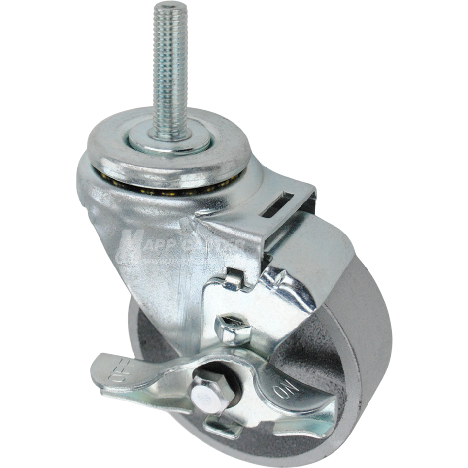 Swivel caster with a top lock brake, a 3.5 inch silver steel wheel and 12mm wide threaded metal stem