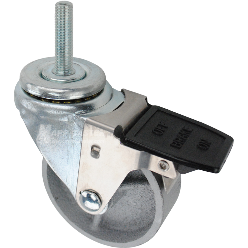 Caster wheel with a face contact brake, a 3.5 inch silver steel wheel and 12mm metal threaded stem