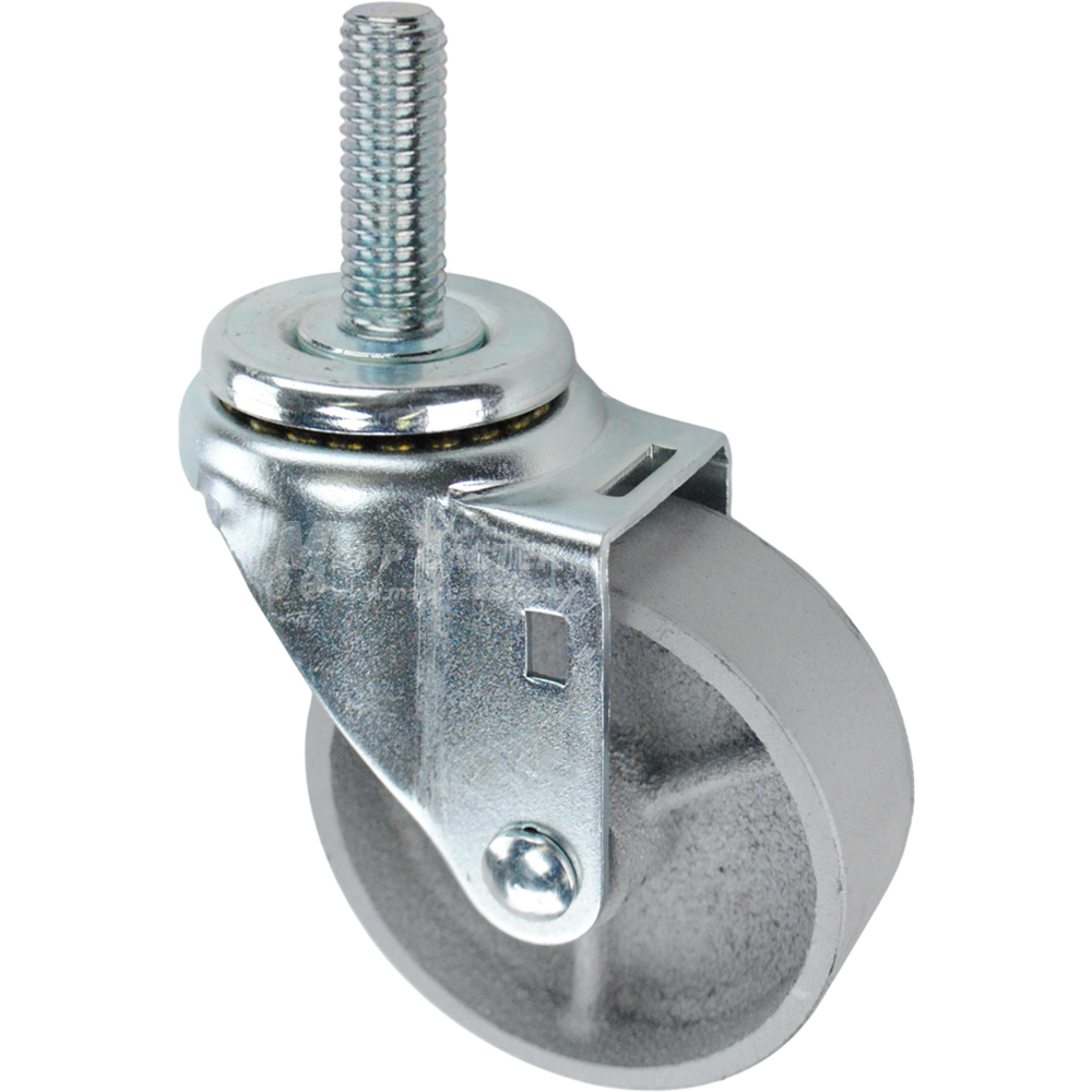 Swivel caster with a 3.5 inch silver steel wheel and 5/8 inch wide threaded metal stem