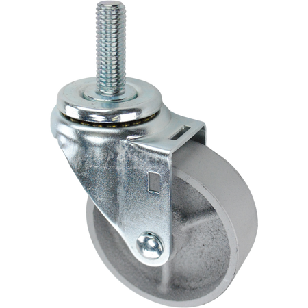 Swivel caster with a 3.5 inch silver steel wheel and 5/8 inch wide threaded metal stem