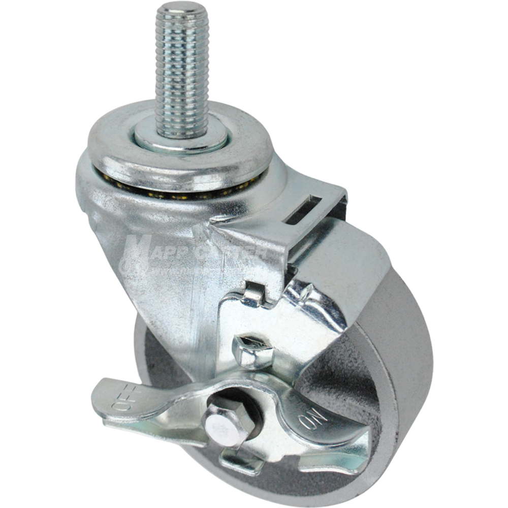 Swivel caster with a top lock brake, a 3.5 inch silver steel wheel and 16mm wide threaded metal stem