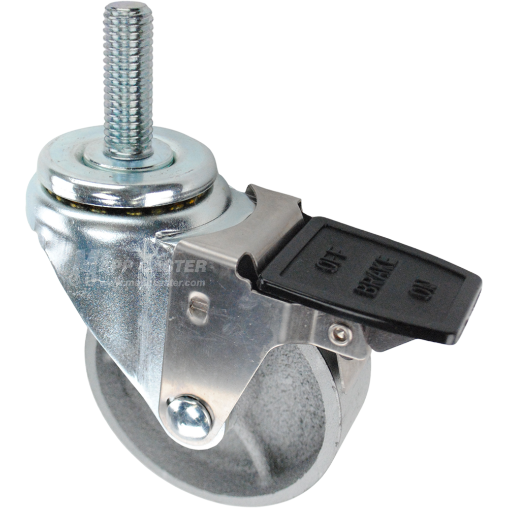 Caster wheel with a face contact brake, a 3.5 inch silver steel wheel and 5/8 inch metal threaded stem