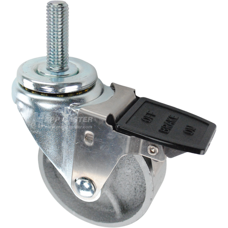 Caster wheel with a face contact brake, a 3.5 inch silver steel wheel and 5/8 inch metal threaded stem