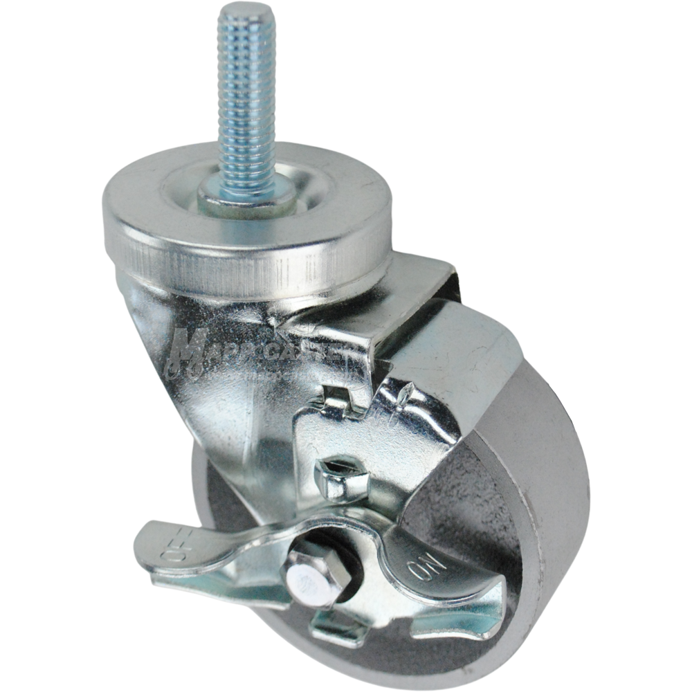 Swivel caster with a top lock brake, a 3.5 inch silver steel wheel and a 1-1/2 inch long, 1/2 inch wide threaded metal stem
