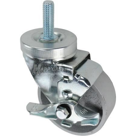 Swivel caster with a top lock brake, a 3.5 inch silver steel wheel and a 1-1/2 inch long, 1/2 inch wide threaded metal stem