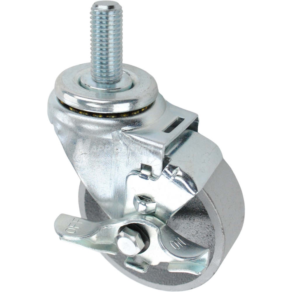 Swivel caster with a top lock brake, a 3.5 inch silver steel wheel and 3/4 inch wide threaded metal stem