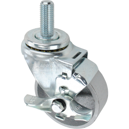 Swivel caster with a top lock brake, a 3.5 inch silver steel wheel and 3/4 inch wide threaded metal stem