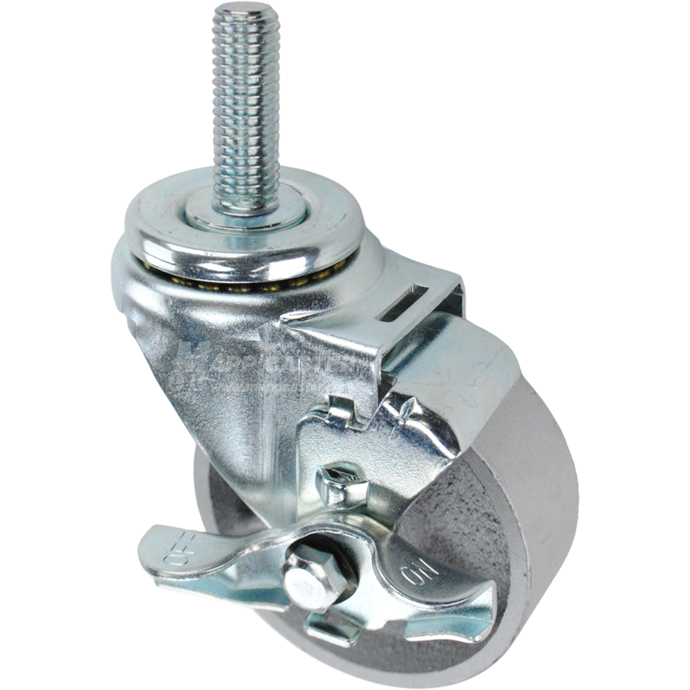 Swivel caster with a top lock brake, a 3.5 inch silver steel wheel and 5/8 inch wide threaded metal stem