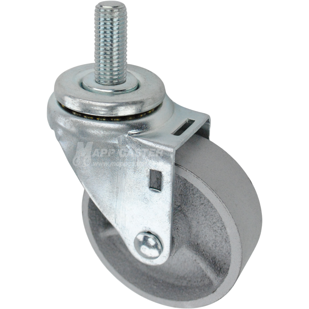Swivel caster with a 3.5 inch silver steel wheel and 16mm wide threaded metal stem