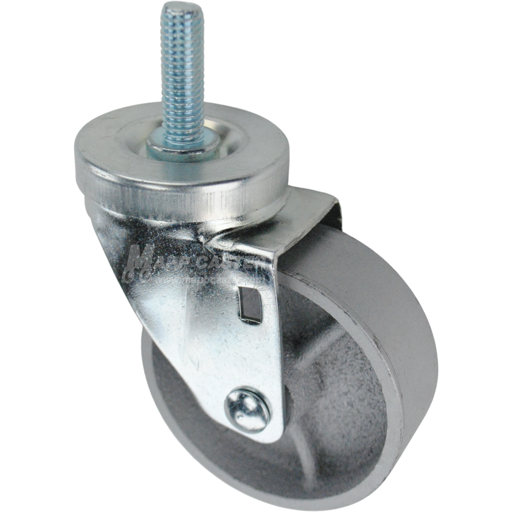 Swivel caster with a 3.5 inch silver steel wheel and a 1-1/2 inch long, 1/2 inch wide threaded metal stem
