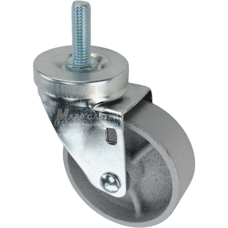 Swivel caster with a 3.5 inch silver steel wheel and a 1-1/2 inch long, 1/2 inch wide threaded metal stem