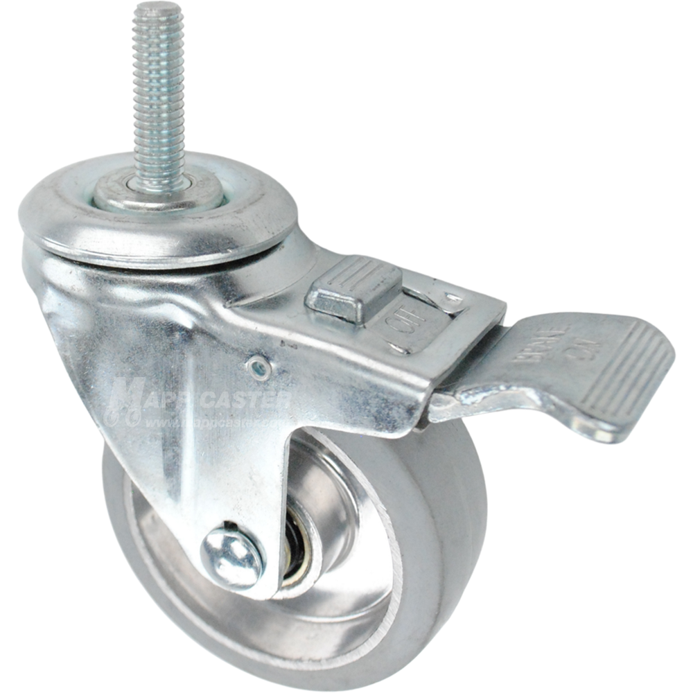 Swivel caster with a total lock brake, a 3.5 inch grey rubber on aluminum wheel and 7/16 inch wide threaded metal stem