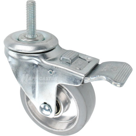 Swivel caster with a total lock brake, a 3.5 inch grey rubber on aluminum wheel and 7/16 inch wide threaded metal stem