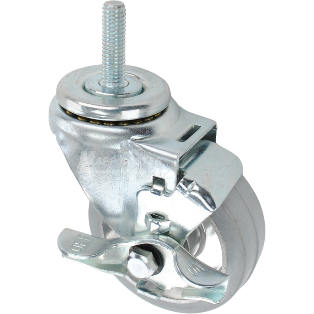 Swivel caster with a top lock brake, a 3.5 inch grey rubber on aluminum wheel and 7/16 inch wide threaded metal stem