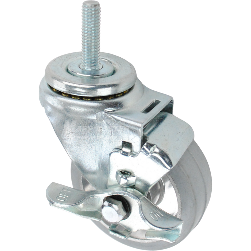 Swivel caster with a top lock brake, a 3.5 inch grey rubber on aluminum wheel and 7/16 inch wide threaded metal stem