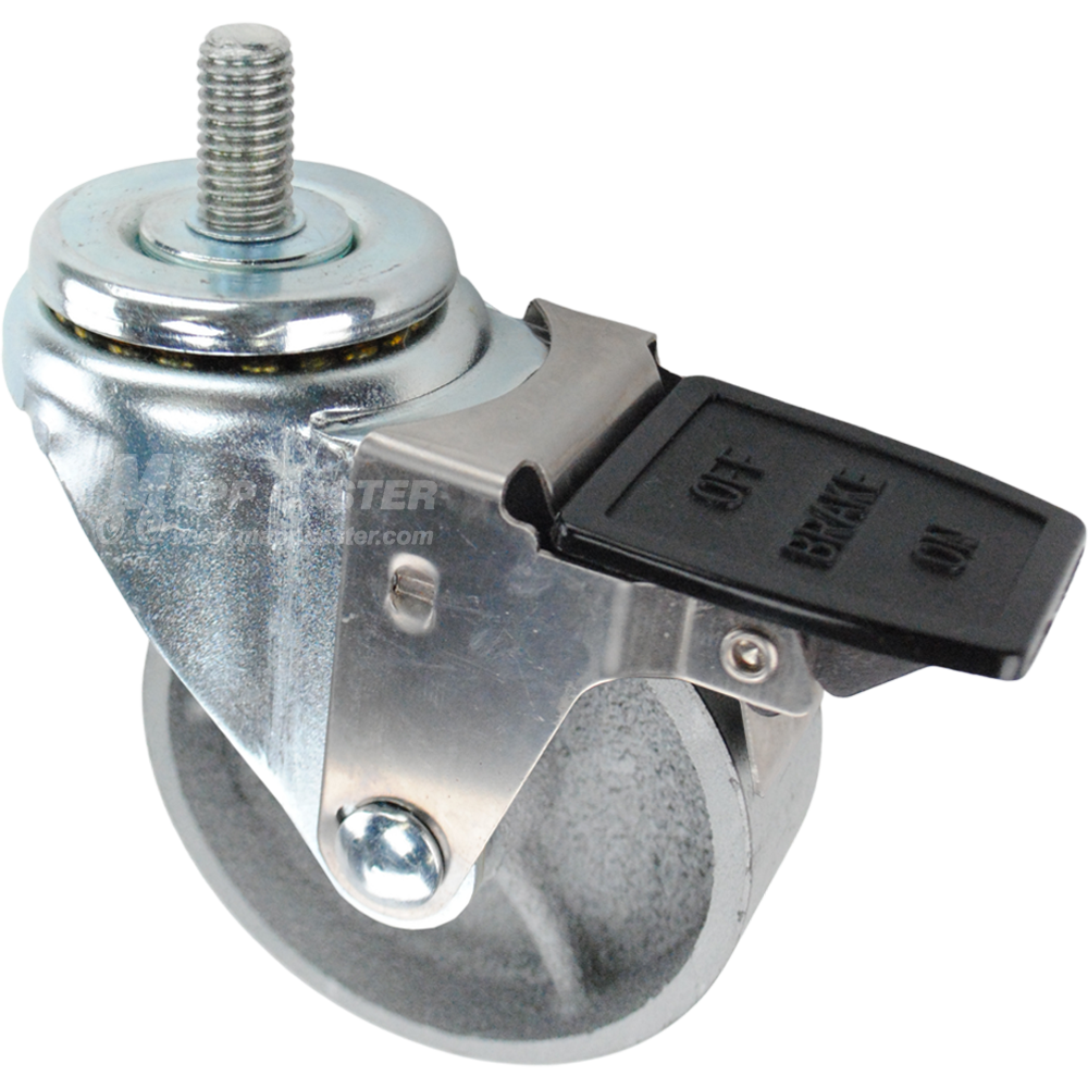 Caster wheel with a face contact brake, a 3.5 inch silver steel wheel and a 1 inch long, 1/2 inch metal threaded stem
