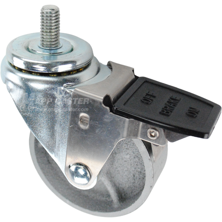 Caster wheel with a face contact brake, a 3.5 inch silver steel wheel and a 1 inch long, 1/2 inch metal threaded stem