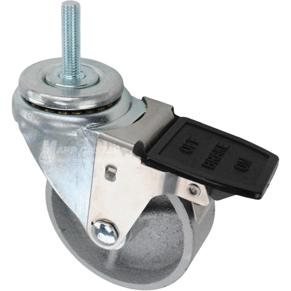 Caster wheel with a face contact brake, a 3.5 inch silver steel wheel and 10mm metal threaded stem