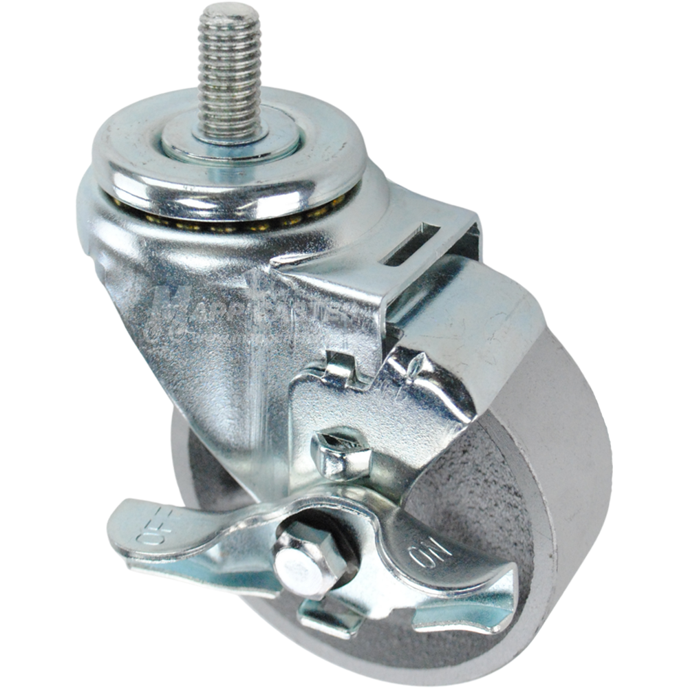Swivel caster with a top lock brake, a 3.5 inch silver steel wheel and a 1 inch long, 1/2 inch wide threaded metal stem