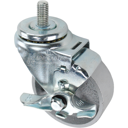 Swivel caster with a top lock brake, a 3.5 inch silver steel wheel and a 1 inch long, 1/2 inch wide threaded metal stem