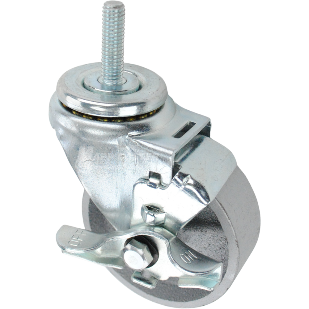 Swivel caster with a top lock brake, a 3.5 inch silver steel wheel and 7/16 inch wide threaded metal stem
