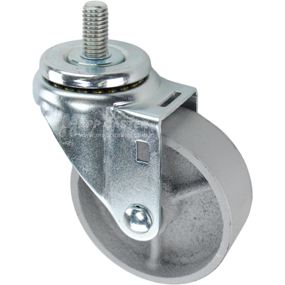 Swivel caster with a 3.5 inch silver steel wheel and a 1 inch long, 1/2 inch wide threaded metal stem