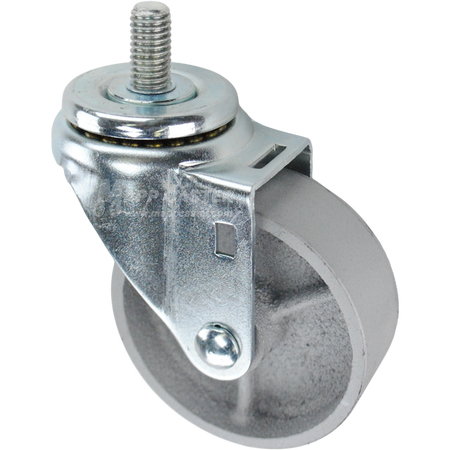 Swivel caster with a 3.5 inch silver steel wheel and a 1 inch long, 1/2 inch wide threaded metal stem