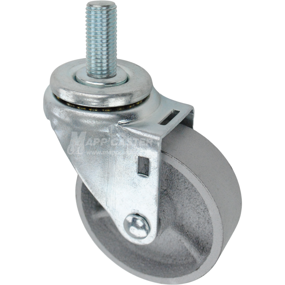 Swivel caster with a 3.5 inch silver steel wheel and 20mm wide threaded metal stem