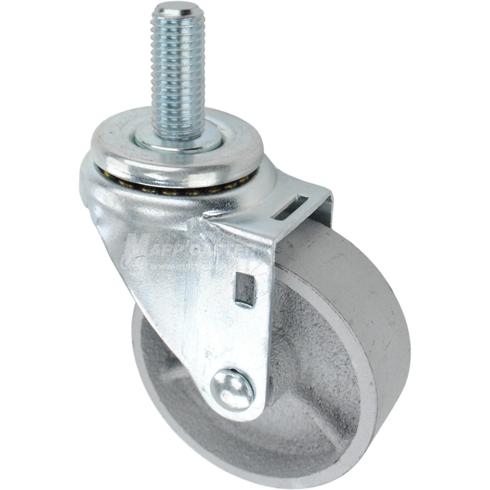 Swivel caster with a 3.5 inch silver steel wheel and 3/4 inch wide threaded metal stem