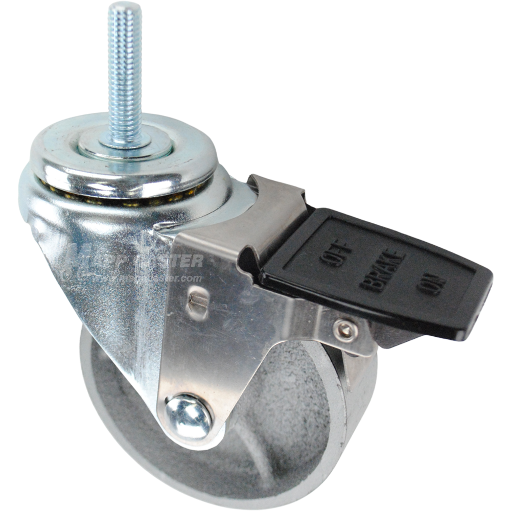 Caster wheel with a face contact brake, a 3.5 inch silver steel wheel and 3/8 inch metal threaded stem