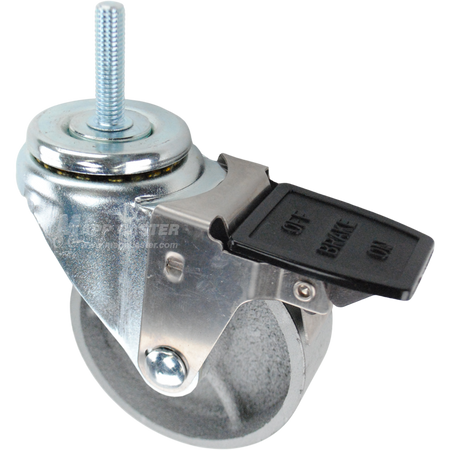 Caster wheel with a face contact brake, a 3.5 inch silver steel wheel and 3/8 inch metal threaded stem