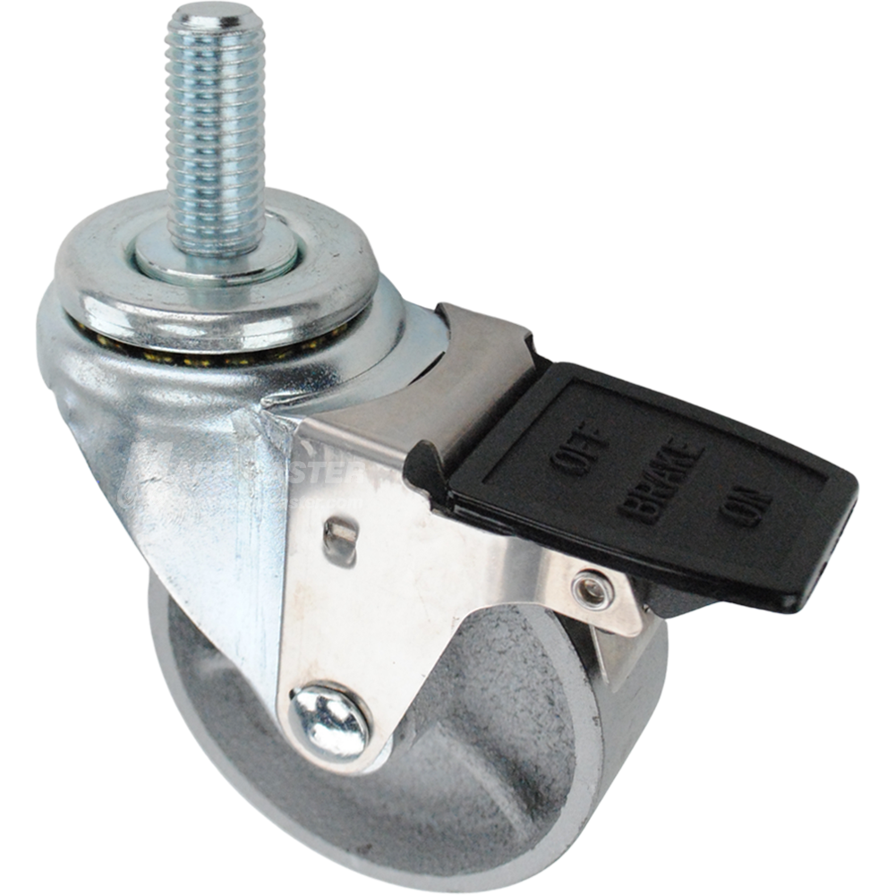 Caster wheel with a face contact brake, a 3.5 inch silver steel wheel and 3/4 inch metal threaded stem