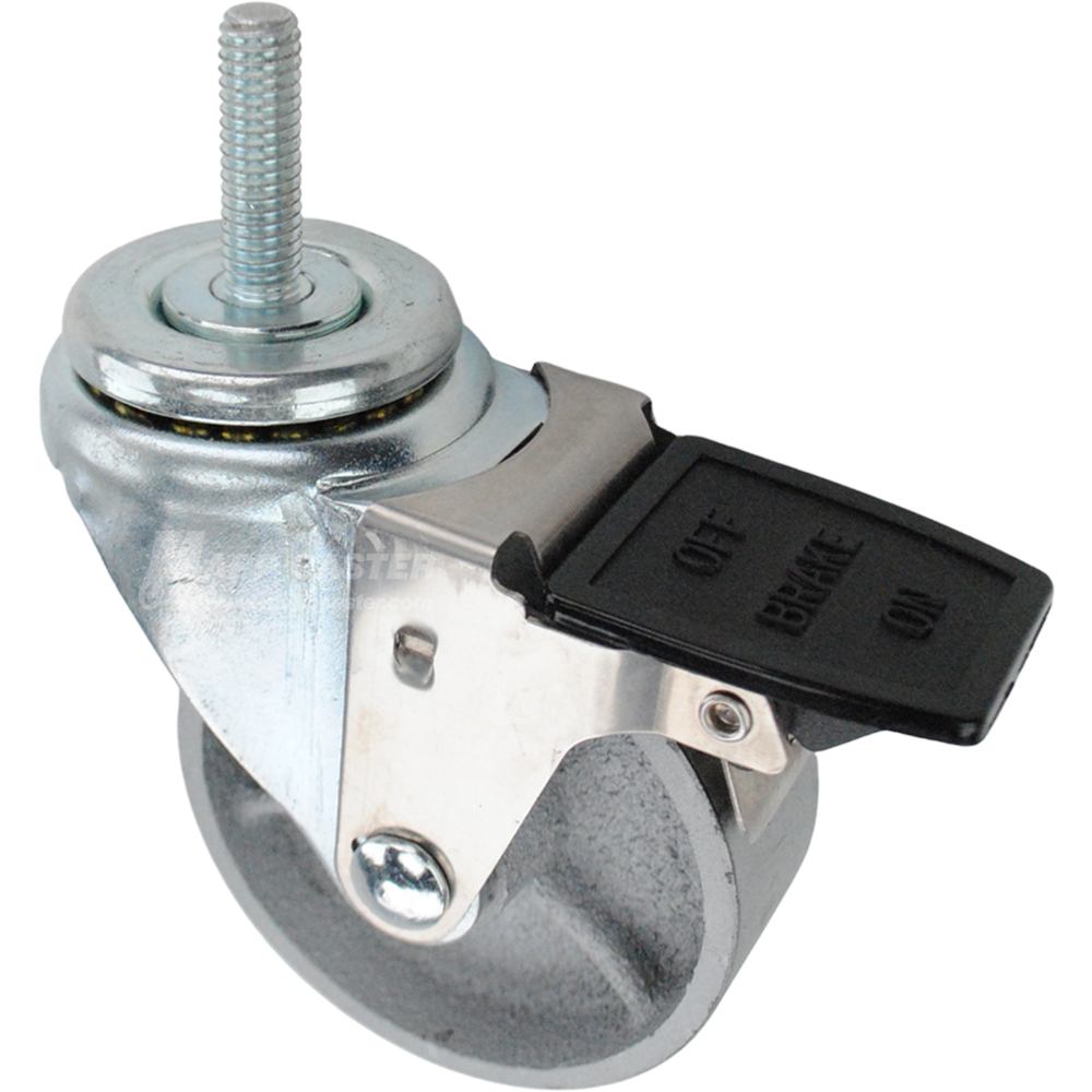 Caster wheel with a face contact brake, a 3.5 inch silver steel wheel and 7/16 inch metal threaded stem