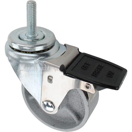 Caster wheel with a face contact brake, a 3.5 inch silver steel wheel and 7/16 inch metal threaded stem