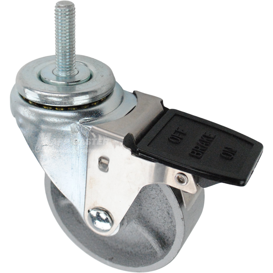 Caster wheel with a face contact brake, a 3.5 inch silver steel wheel and 7/16 inch metal threaded stem