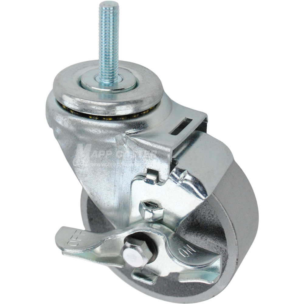 Swivel caster with a top lock brake, a 3.5 inch silver steel wheel and 10mm wide threaded metal stem