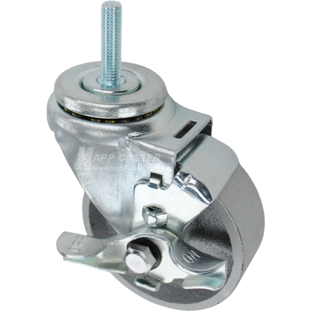 Swivel caster with a top lock brake, a 3.5 inch silver steel wheel and 10mm wide threaded metal stem
