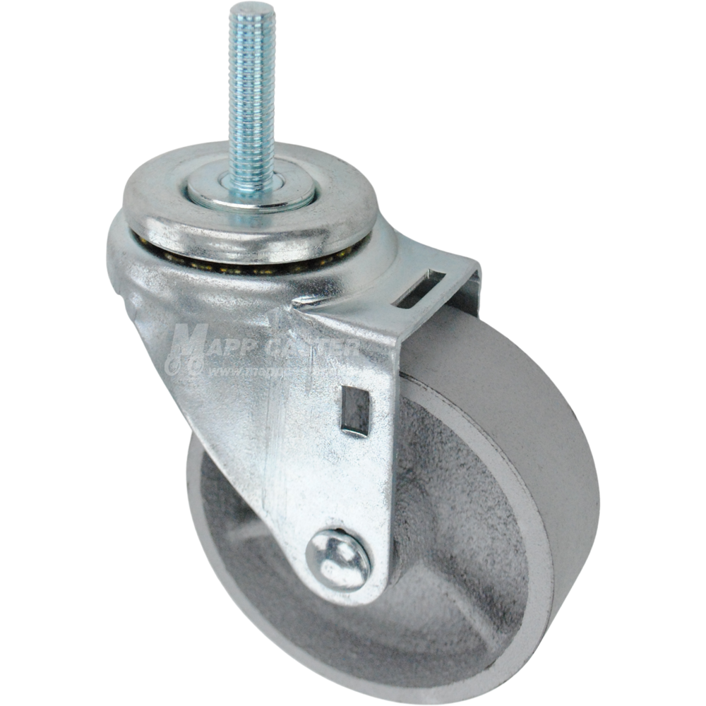 Swivel caster with a 3.5 inch silver steel wheel and 10mm wide threaded metal stem