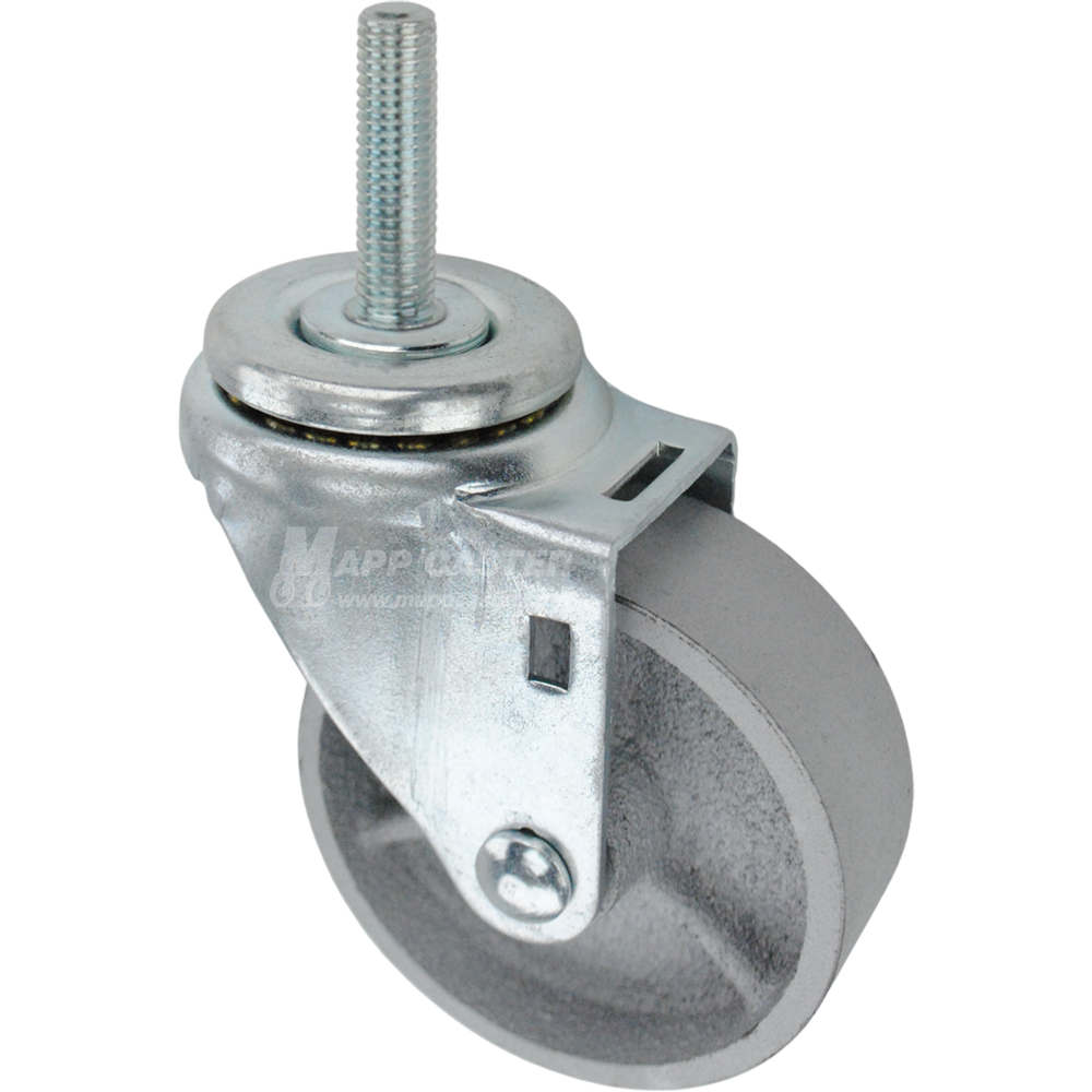 Swivel caster with a 3.5 inch silver steel wheel and 12mm wide threaded metal stem