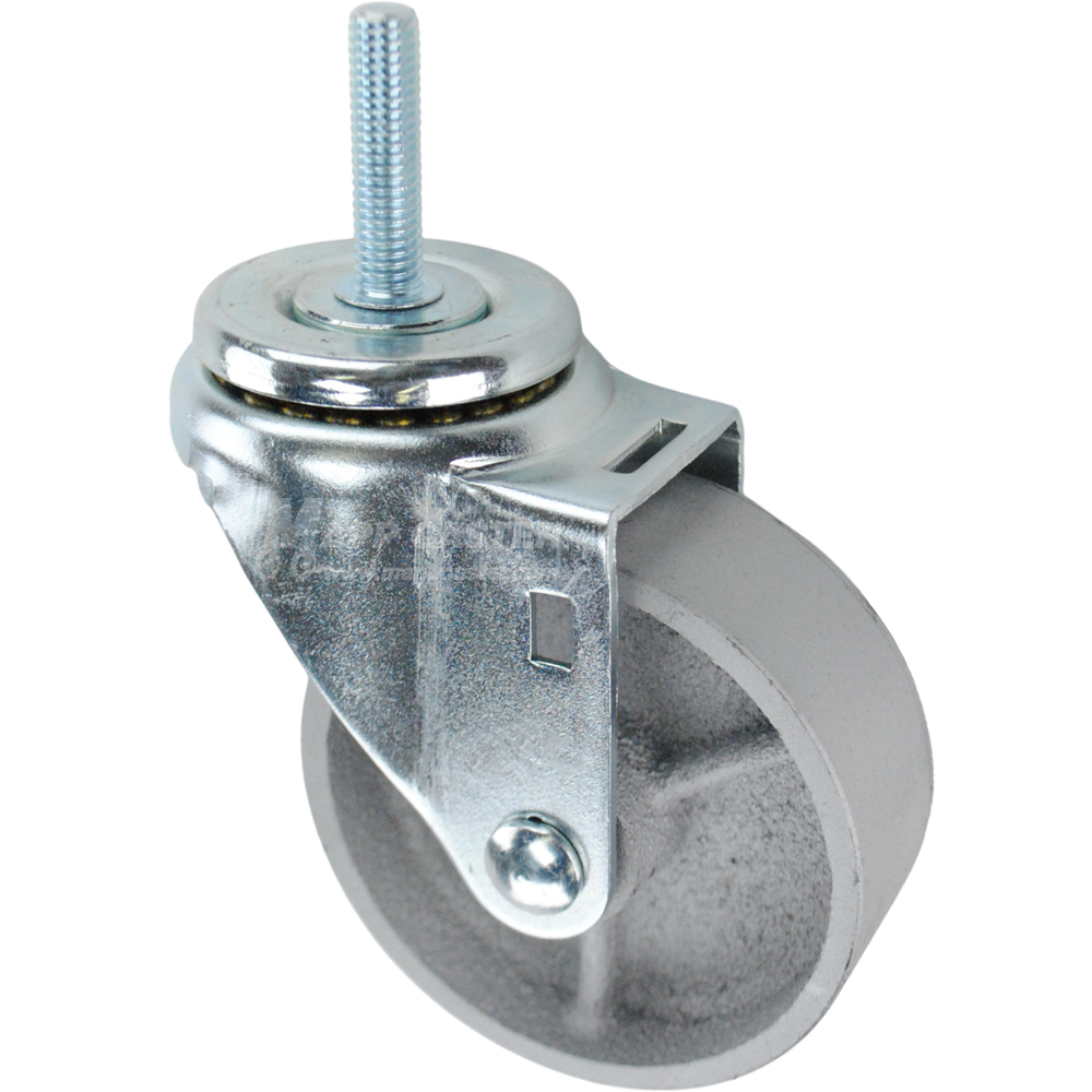 Swivel caster with a 3.5 inch silver steel wheel and 3/8 inch wide threaded metal stem