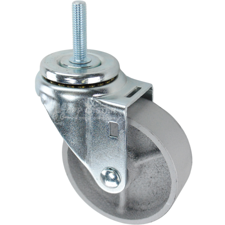 Swivel caster with a 3.5 inch silver steel wheel and 3/8 inch wide threaded metal stem