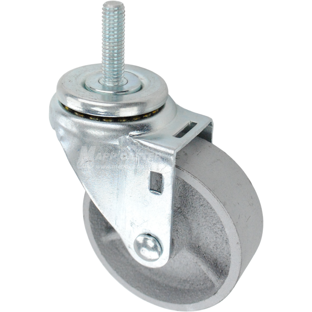 Swivel caster with a 3.5 inch silver steel wheel and 7/16 inch wide threaded metal stem